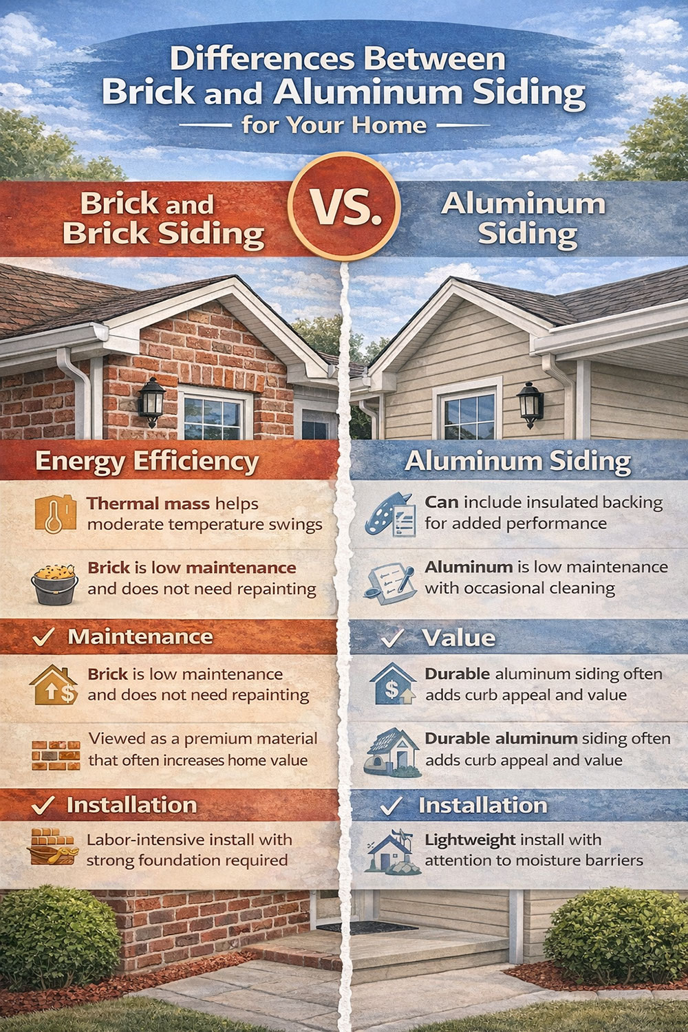 Differences Between Brick and Aluminum Siding for your Home's Energy Efficiency, Maintenance, Value, Installation